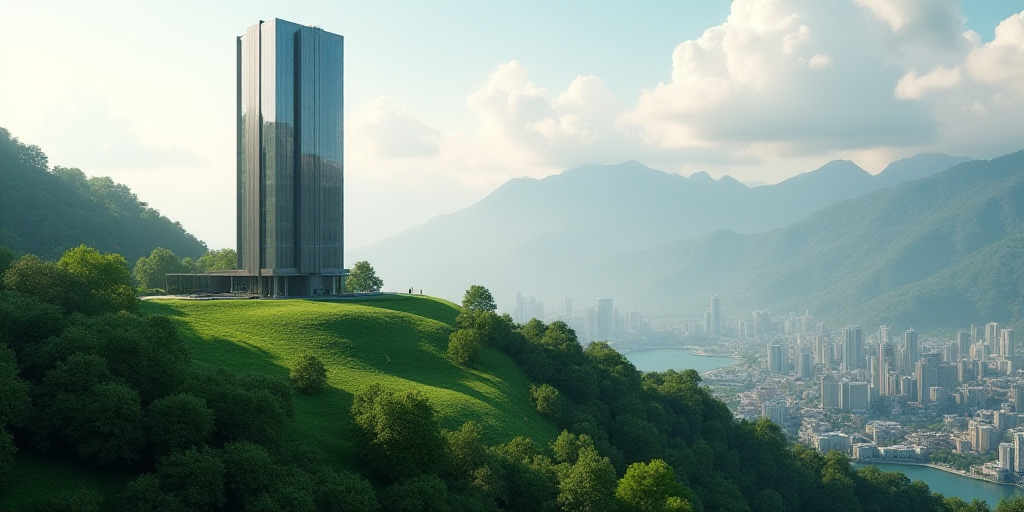 a tall building sitting on top of a lush green hillside next to a city under a cloudy sky with mount