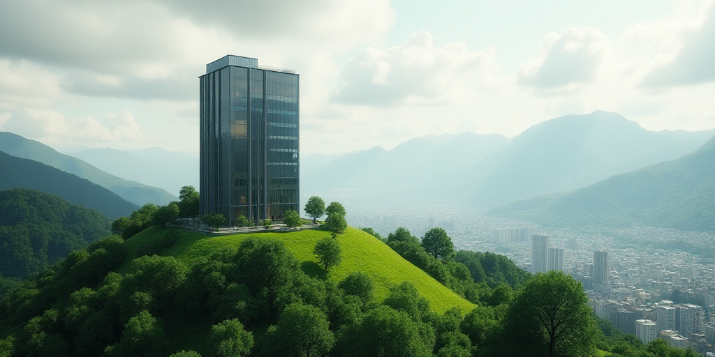 a tall building sitting on top of a lush green hillside next to a city under a cloudy sky with mount
