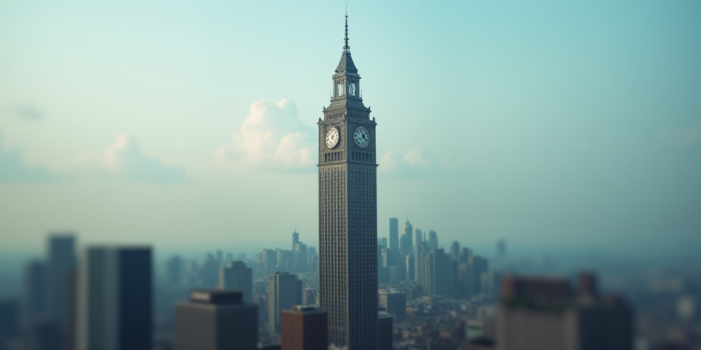 a tall building with a clock on top of it in a cityscape with a sky background and a few buildings,