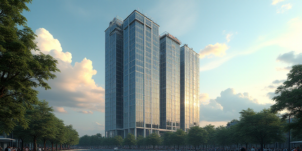 a tall building with a clock on top of it's side and a sky background with trees in the foreground,