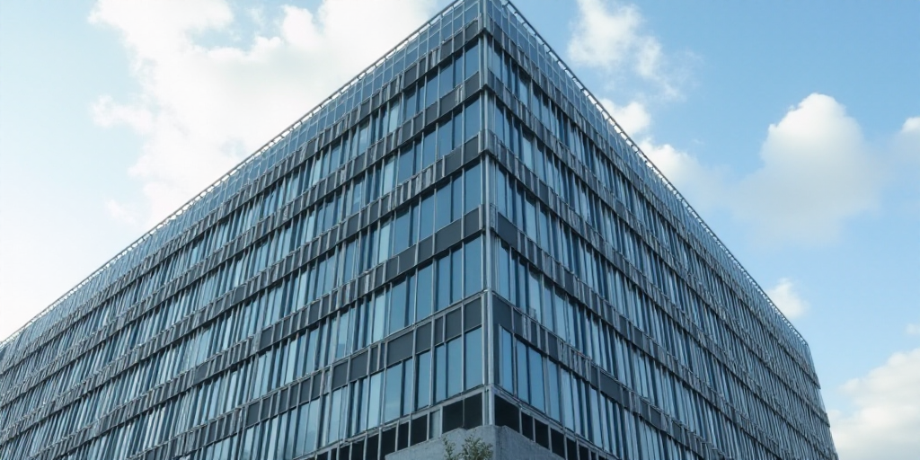 a tall building with a glass front and a sign on the side of it that says the company on the side of