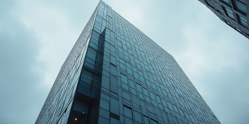 a tall building with a glass front and a sign on the side of it that says the company on the side of
