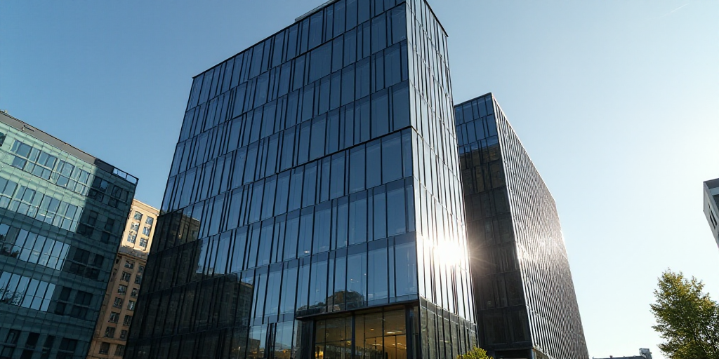 a tall building with a glass front and a sign on the side of it that says the company on the side of