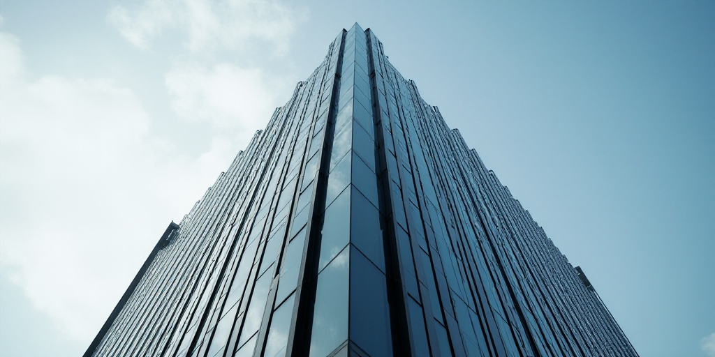 a tall building with a glass front and a sign on the side of it that says the company on the side of