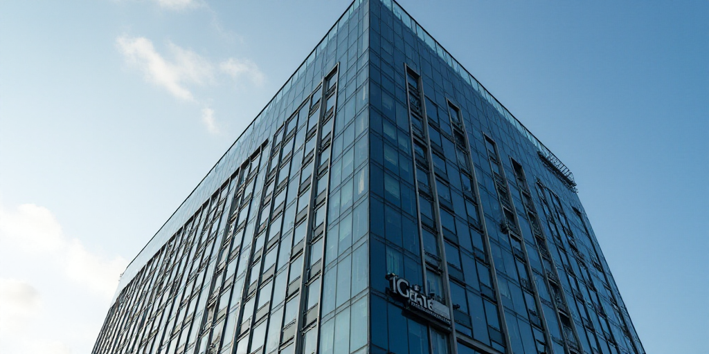 a tall building with a glass front and a sign on the side of it that says the company on the side of