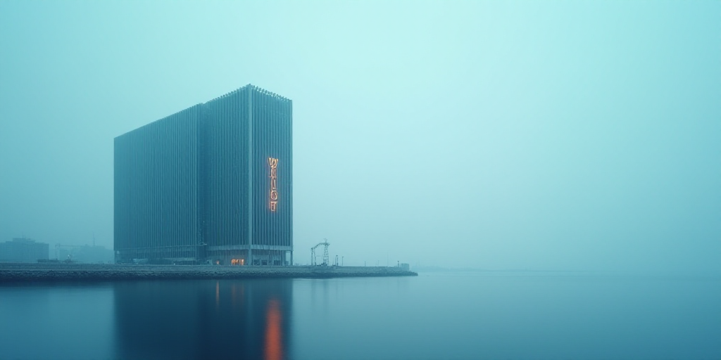 a tall building with a large sign on it's side next to a tall building with a large sign on it's sid