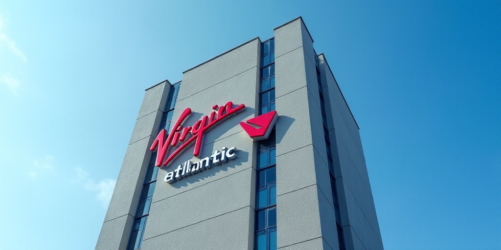 a tall building with a sign on the side of it that says, virgin atlantic, in front of a blue sky, Ca