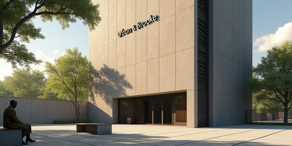 a tall building with a sign that says dean & brooke on it's side and a man sitting on a bench in fro