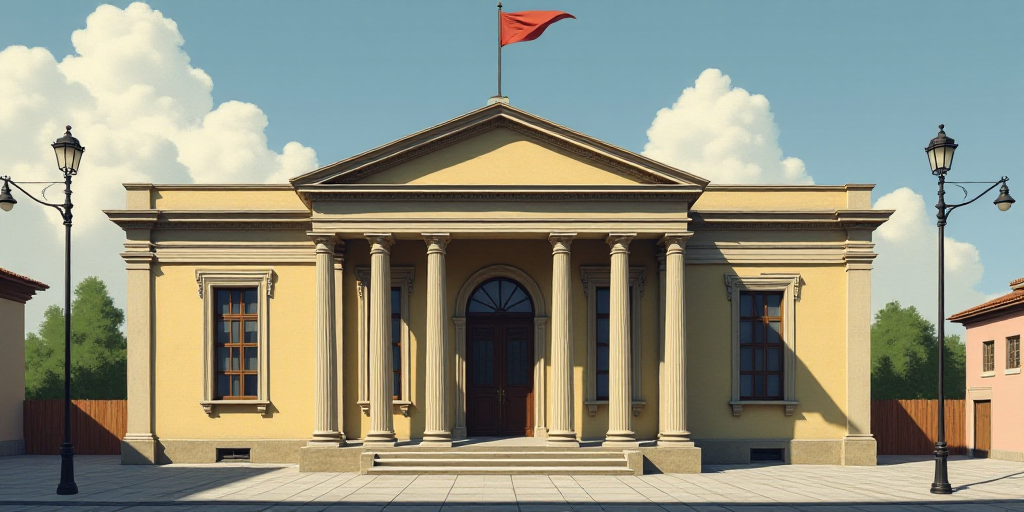 a tall building with columns and a flag on top of it's door and a street light in front of it, Évar