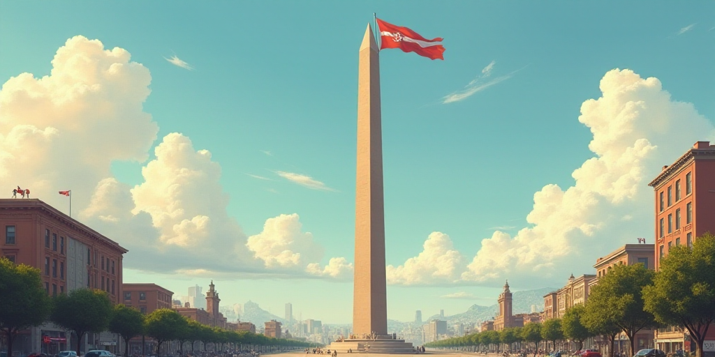 a tall obelisk in a city with a flag flying in the wind and a building in the background, Emiliano P