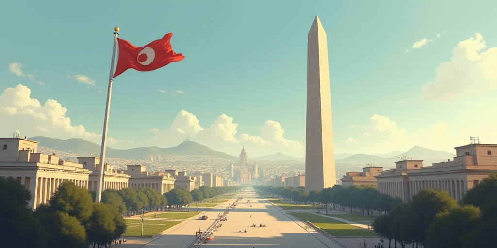 a tall obelisk in a city with a flag flying in the wind and a building in the background, Emiliano P