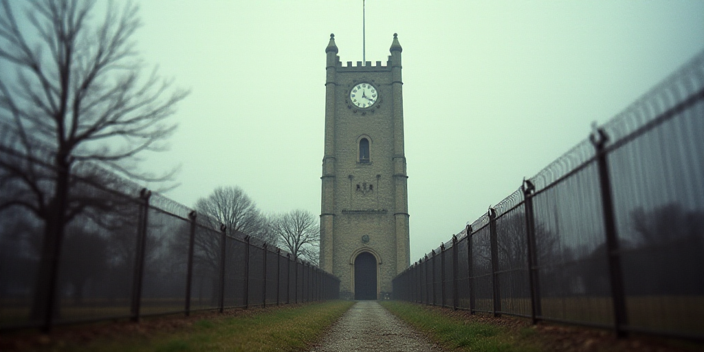 a tall tower with a clock on top of it behind a fenced in area with a clock tower, Enguerrand Quarto
