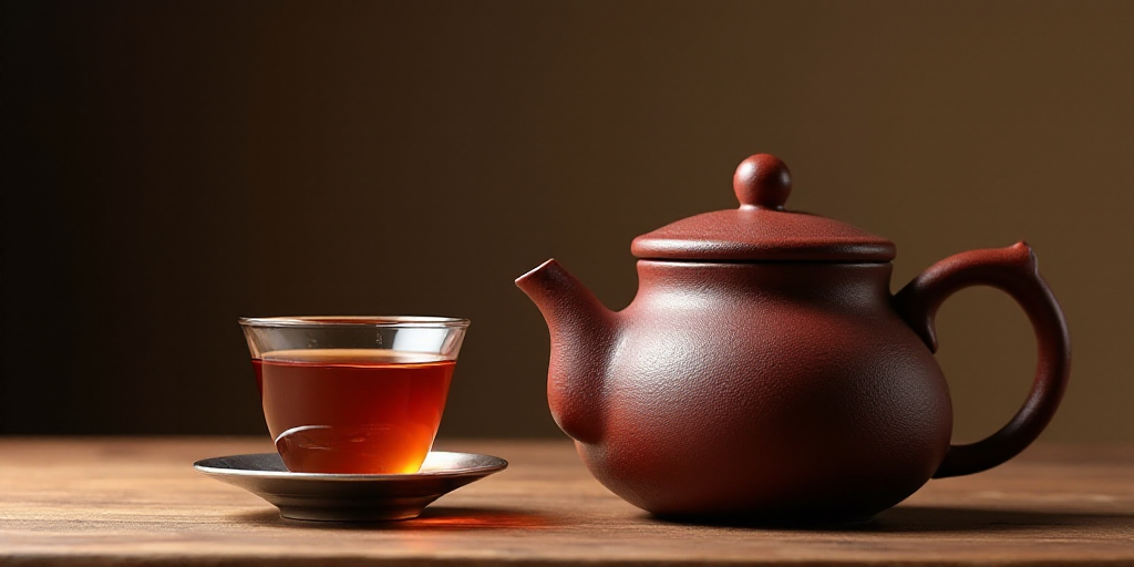 a tea pot filled with tea and a cup of tea next to it on a table with a wooden background, Cao Zhiba