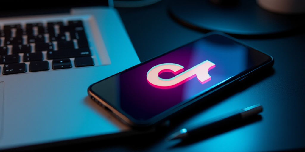 a tiktok logo is displayed on a phone next to a laptop keyboard in this photo illustration taken in