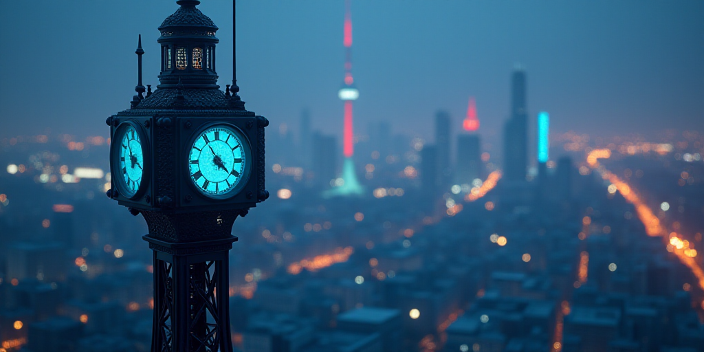 a tower with a clock on top of it with a city in the background with blue lights on it, Beeple, sola
