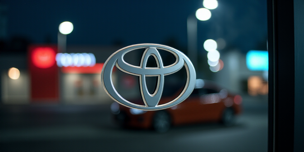 a toyota logo is shown on a glass door of a building at night time with a car in the background, Ai-