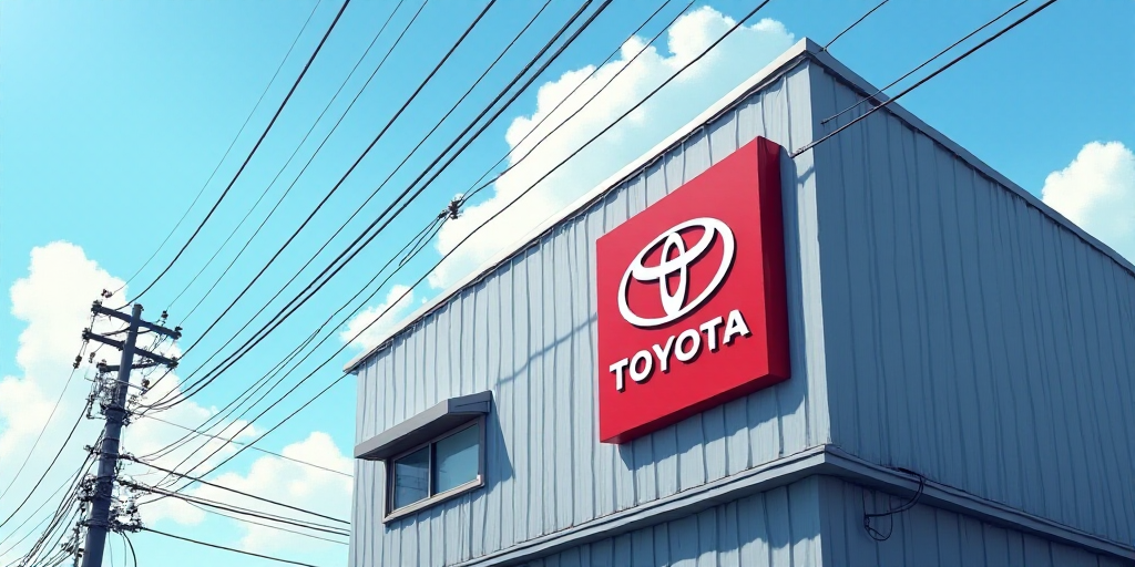 a toyota sign is shown on a building in japan, with power lines above it and a toyota logo on the si