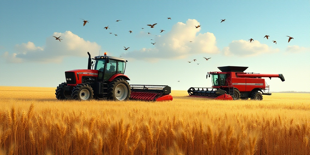 a tractor and a combine in a field of wheat with birds flying overhead in the background and a blue