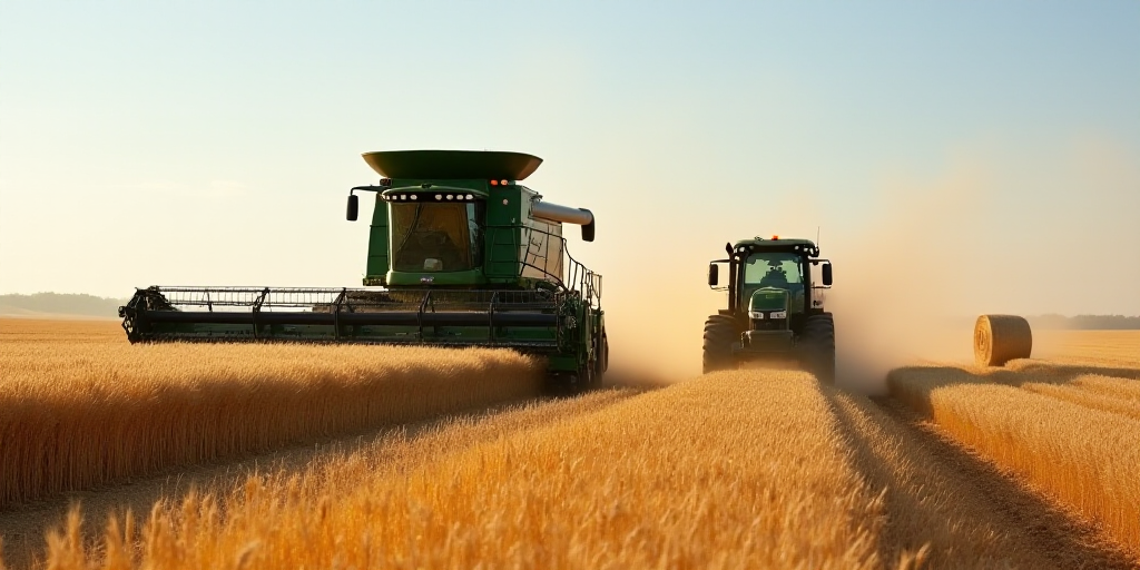 a tractor and a combine in a field of wheat being harvested by a combine truck with a large bale of