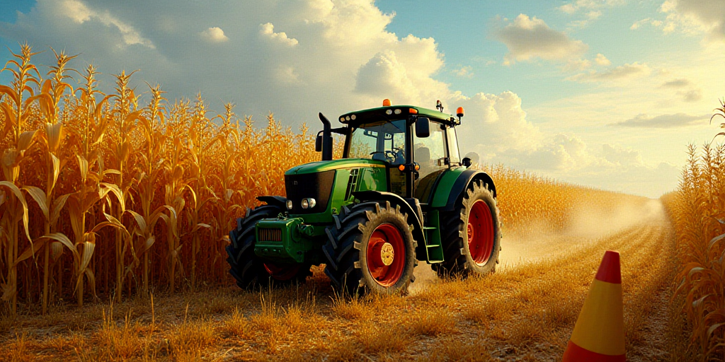 a tractor is driving through a field of corn and corn stalks in the foreground, with a yellow cone i