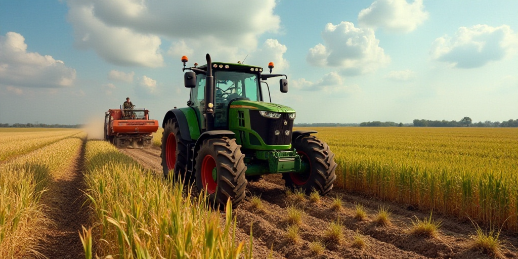 a tractor is driving through a large field of crops with a man in the background on a tractor behind