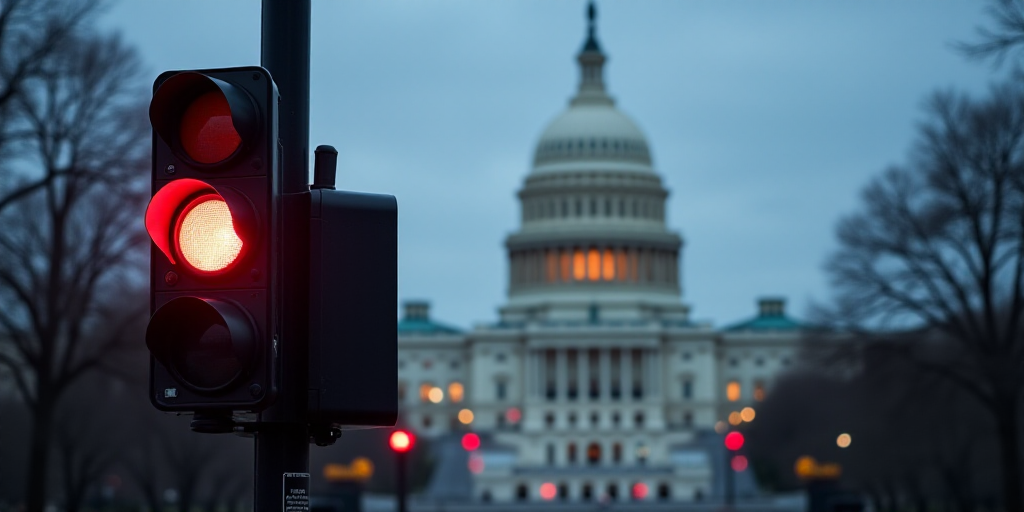 a traffic light in front of the dome of the capital building in washington dc, usa, with a red light
