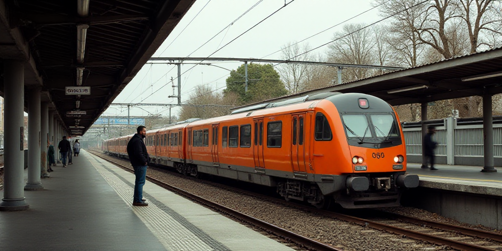 a train is coming down the tracks near a platform with a person standing on the platform looking at