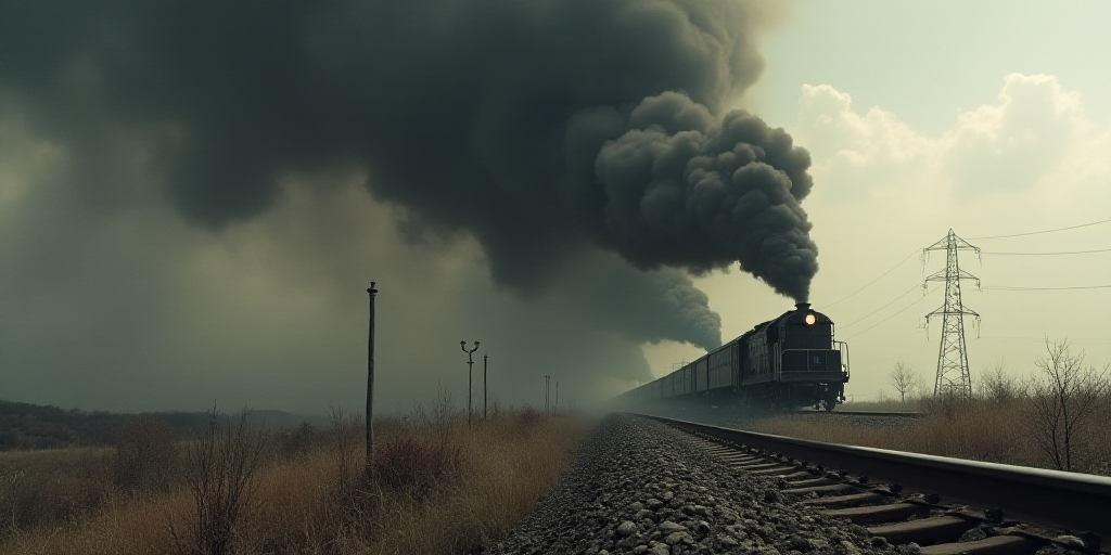 a train is on the tracks near a large black cloud of smoke and smoke billowing from the sky, Bouchta