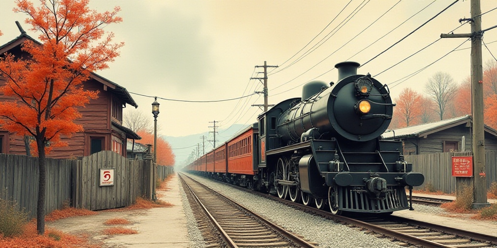 a train is parked on the tracks near a building and a gate with a sign on it that says,, Cao Buxing,