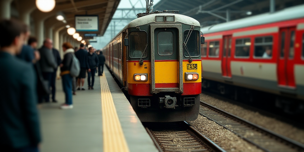 a train is pulling into a station with people waiting on the platform to board it and a few people a