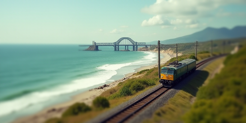 a train is traveling on a track near a bridge and a beach area with a large body of water, Eduardo L