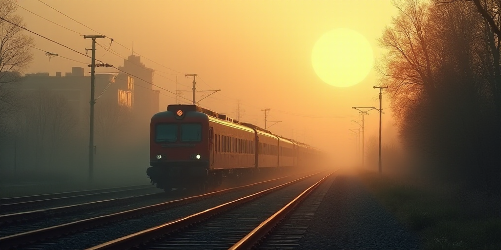 a train traveling down tracks next to a city in the foggy day time with a sun in the sky, Amir Zand,