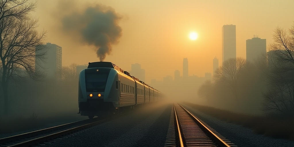 a train traveling down tracks next to a city in the foggy day time with a sun in the sky, Amir Zand,