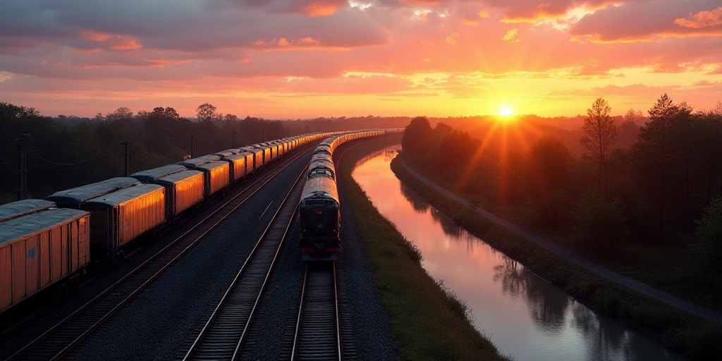 a train yard with many trains on the tracks and a river running through it and a sunset in the backg