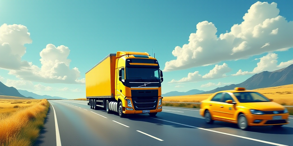 a truck driving down a highway next to a yellow taxi cab and a yellow taxi cab driving down the road