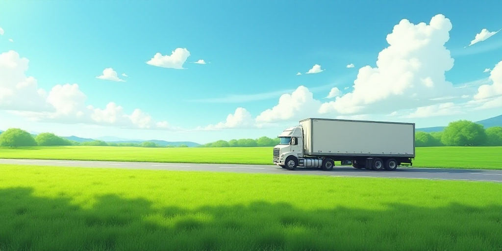 a truck driving down a road next to a lush green field on a sunny day with blue skies and green gras