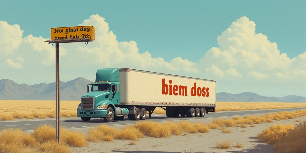 a truck driving down a road under a sign that reads bienn doss on it's side, Estuardo Maldonado, blu