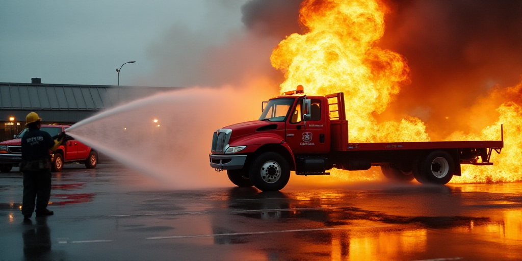 a truck is being sprayed with water by a fireman in a parking lot with other vehicles nearby and a f
