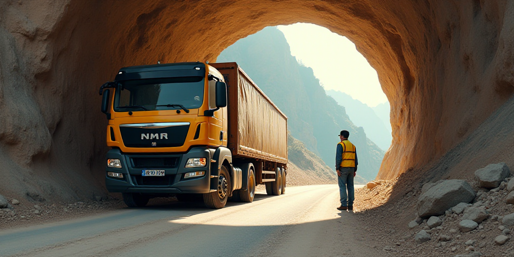 a truck is parked in a tunnel with a man standing next to it and a man in a yellow vest, Cui Bai, fu