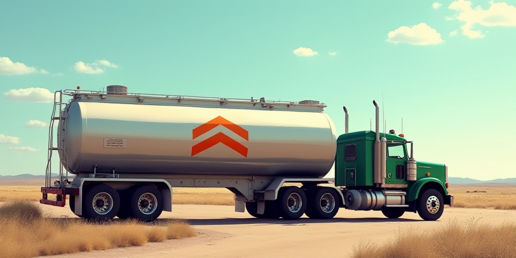 a truck parked in front of a large tank with a chevron sign on it's side and a sky background, Elbri