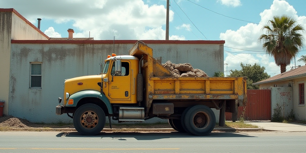 a truck parked on the side of a road next to a building with a fence on it's side, Estuardo Maldonad