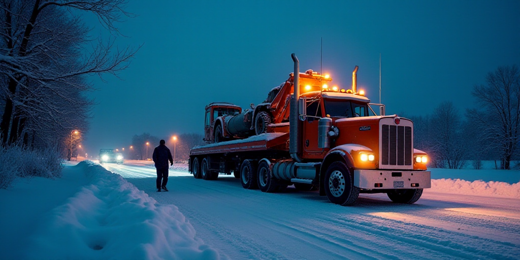 a truck that has been towed by a tow truck on a snowy road at night with a man standing next to it,