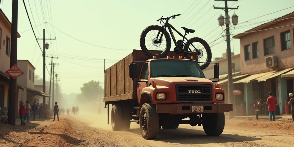 a truck with a bike on top of it in the dirt near a street with people in the background, Estuardo M