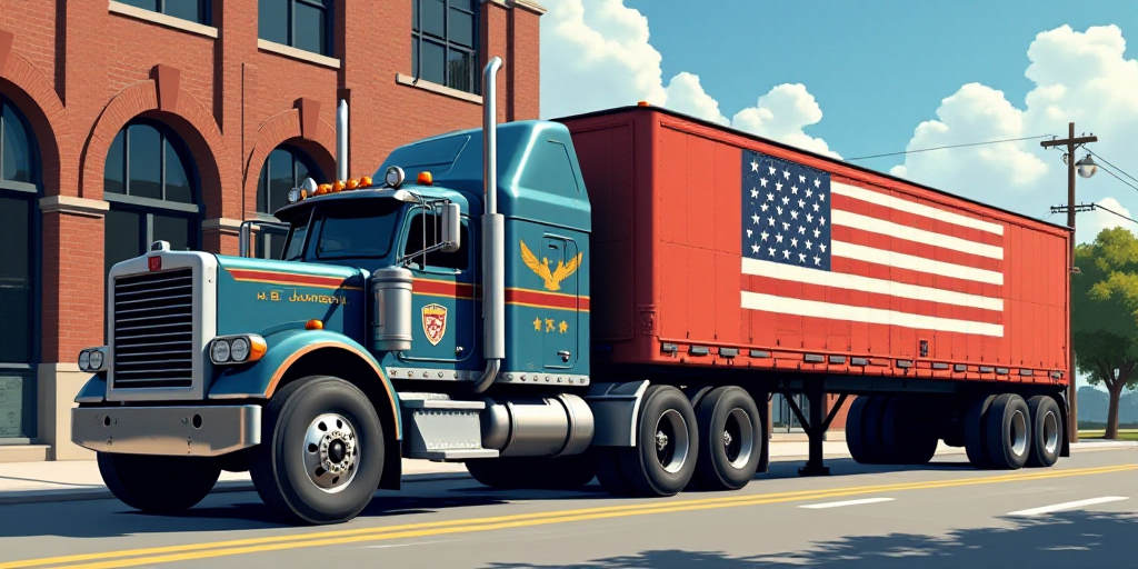 a truck with a flag and emblem on the side of it's trailer parked on a street in front of a building