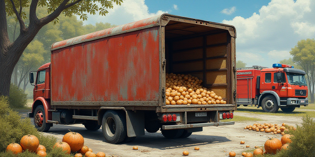 a truck with stacks of food in the back of it's door and a fire truck in the background, Enguerrand