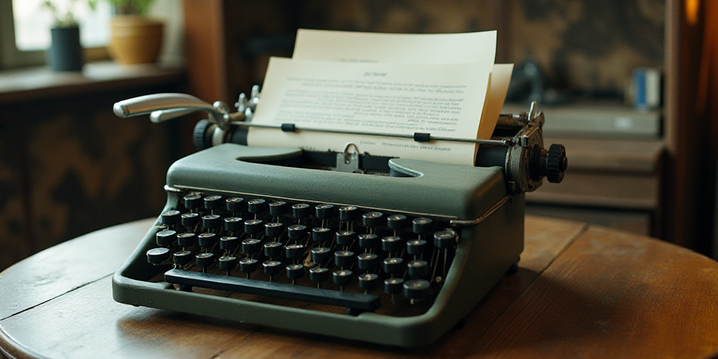 a typewriter with a lot of papers on it and a caption that says opinion on it in spanish, Edward Oth