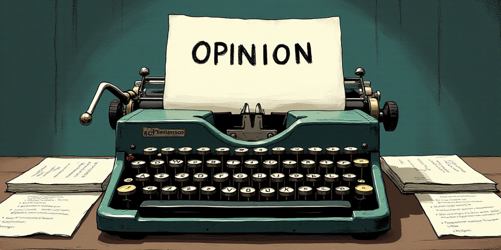a typewriter with a lot of papers on it and the words opinion written in black and white on the top,