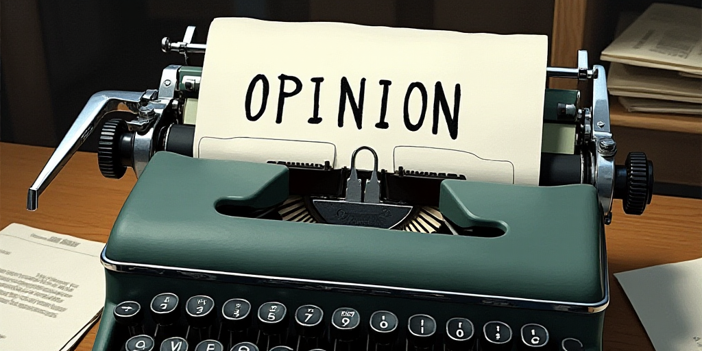 a typewriter with a lot of papers on it and the words opinion written in black and white on the top,