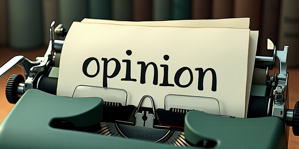 a typewriter with a lot of papers on it and the words opinion written in black and white on the top,