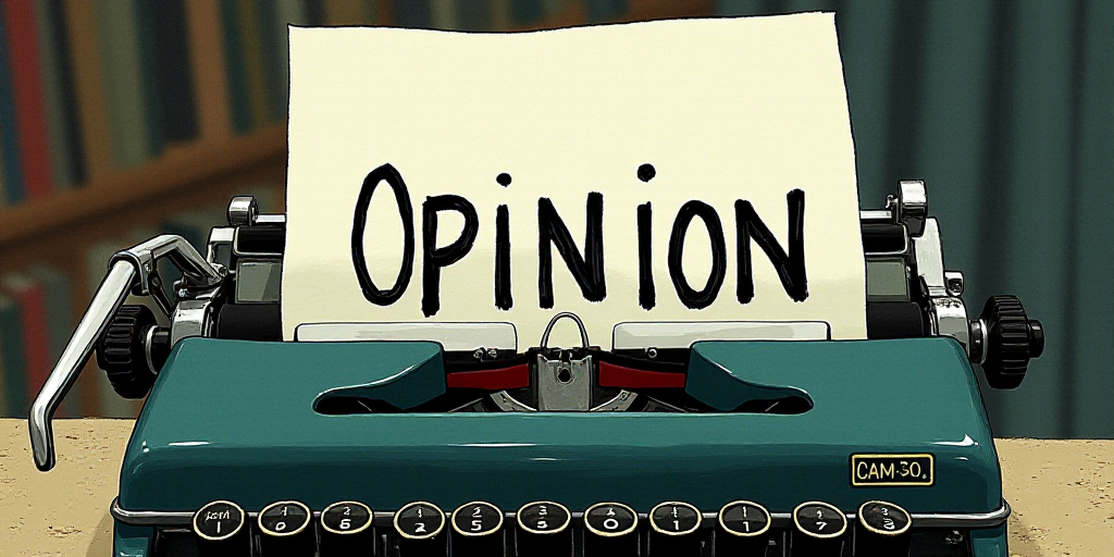 a typewriter with a lot of papers on it and the words opinion written in black and white on the top,